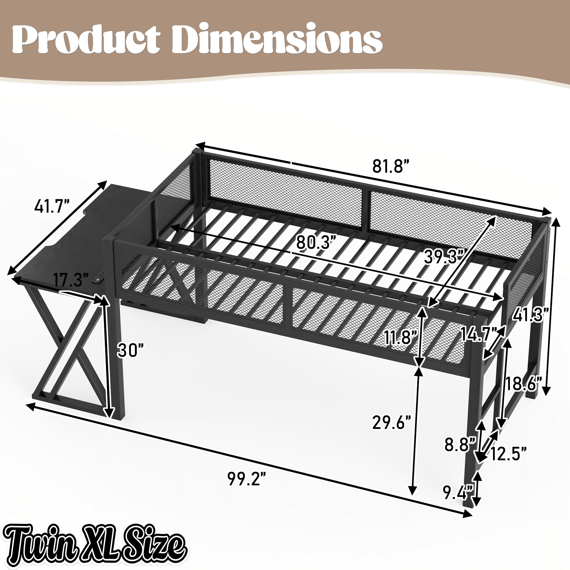 Bellemave® Gaming Loft Bed with Desk, USB Ports & LED Lights, Metal Loft Bed Frame with Mesh Guardrails, Space - Saving, Black - Bellemave