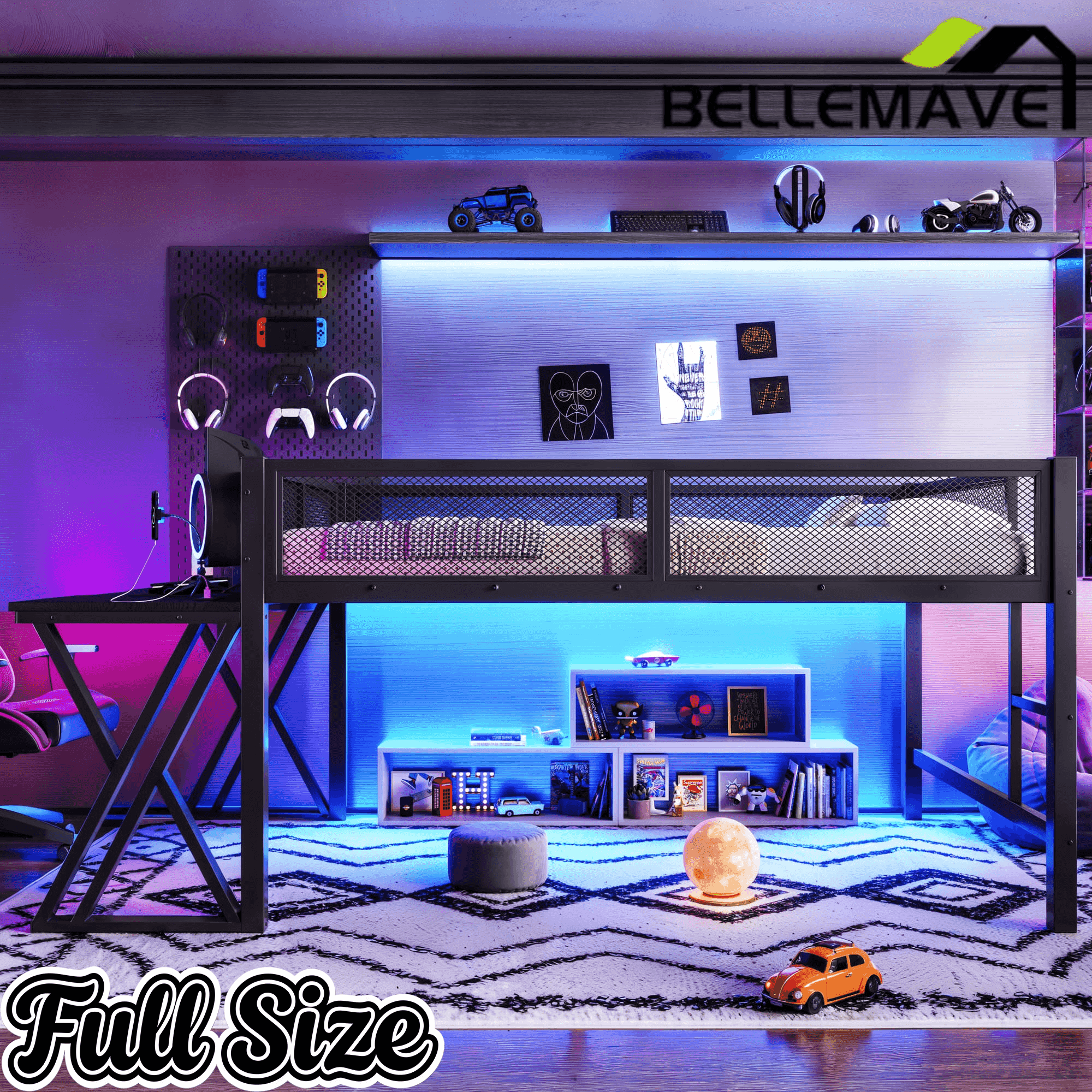 Bellemave® Gaming Loft Bed with Desk, USB Ports & LED Lights, Metal Loft Bed Frame with Mesh Guardrails, Space - Saving, Black - Bellemave