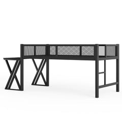 Bellemave® Gaming Loft Bed with Desk, USB Ports & LED Lights, Metal Loft Bed Frame with Mesh Guardrails, Space - Saving, Black - Bellemave