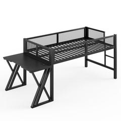 Bellemave® Gaming Loft Bed with Desk, USB Ports & LED Lights, Metal Loft Bed Frame with Mesh Guardrails, Space - Saving, Black - Bellemave