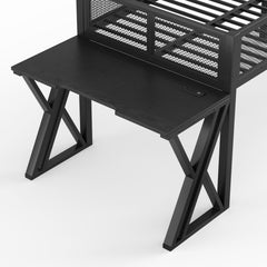 Bellemave® Gaming Loft Bed with Desk, USB Ports & LED Lights, Metal Loft Bed Frame with Mesh Guardrails, Space - Saving, Black - Bellemave