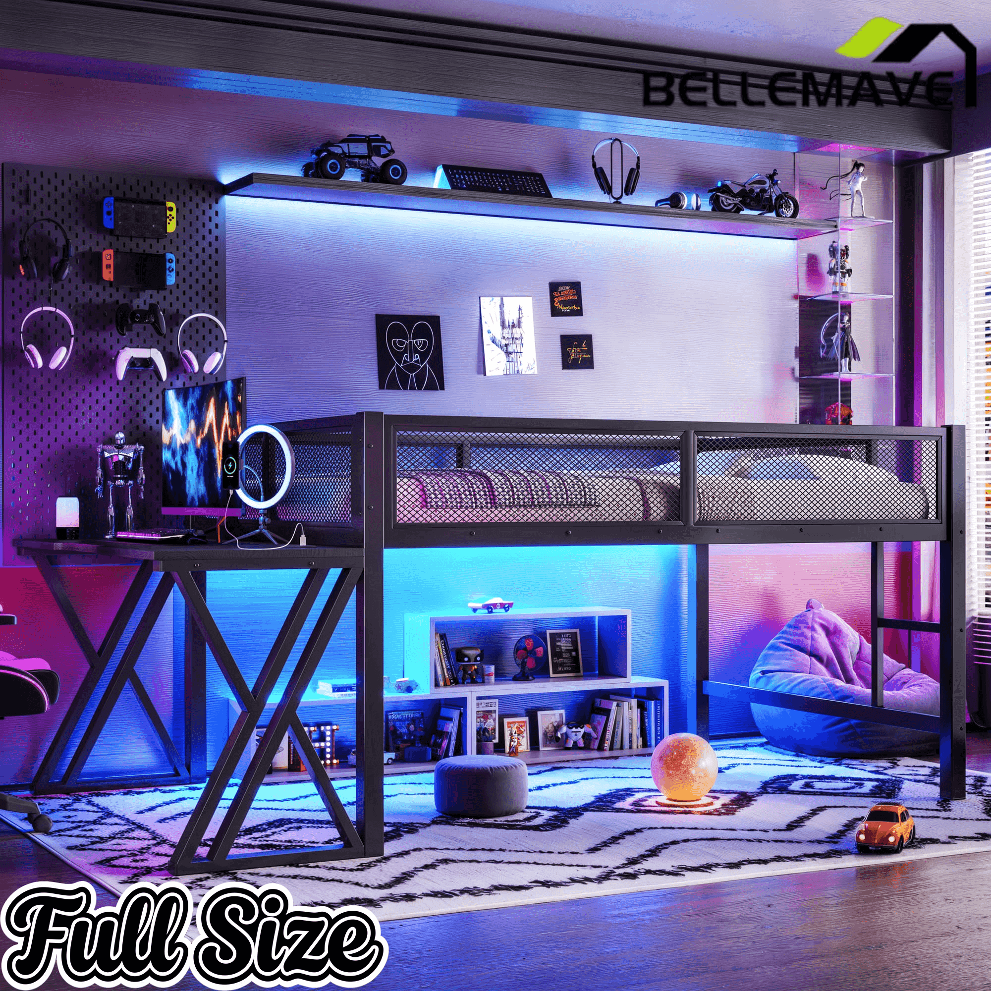 Bellemave® Gaming Loft Bed with Desk, USB Ports & LED Lights, Metal Loft Bed Frame with Mesh Guardrails, Space - Saving, Black - Bellemave