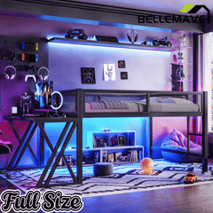 Bellemave® Gaming Loft Bed with Desk, USB Ports & LED Lights, Metal Loft Bed Frame with Mesh Guardrails, Space - Saving, Black - Bellemave