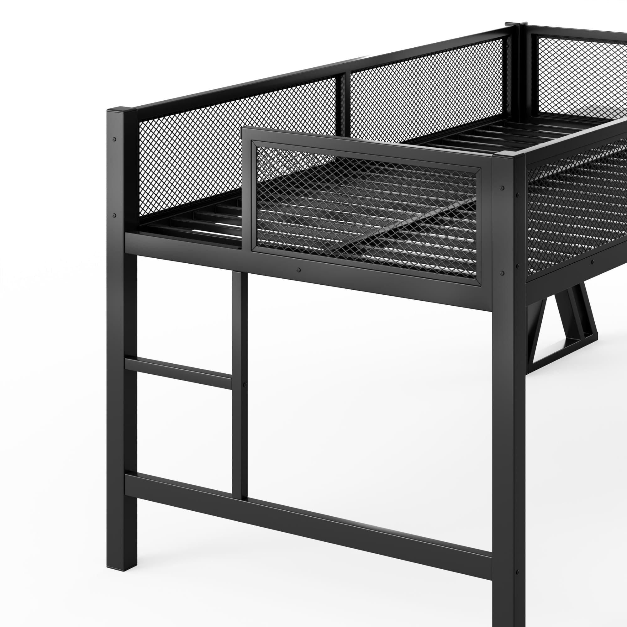 Bellemave® Gaming Loft Bed with Desk, USB Ports & LED Lights, Metal Loft Bed Frame with Mesh Guardrails, Space - Saving, Black - Bellemave