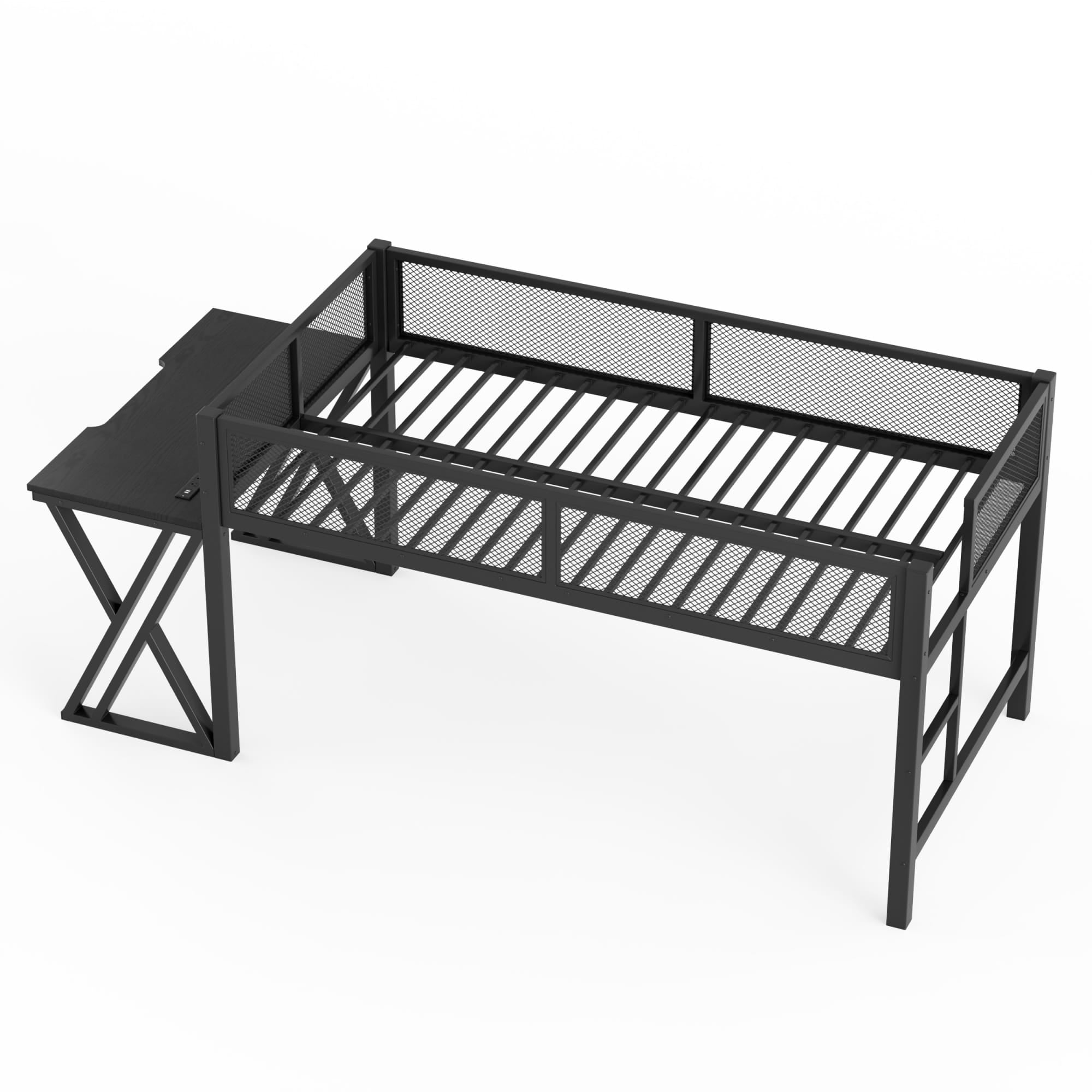 Bellemave® Gaming Loft Bed with Desk, USB Ports & LED Lights, Metal Loft Bed Frame with Mesh Guardrails, Space - Saving, Black - Bellemave