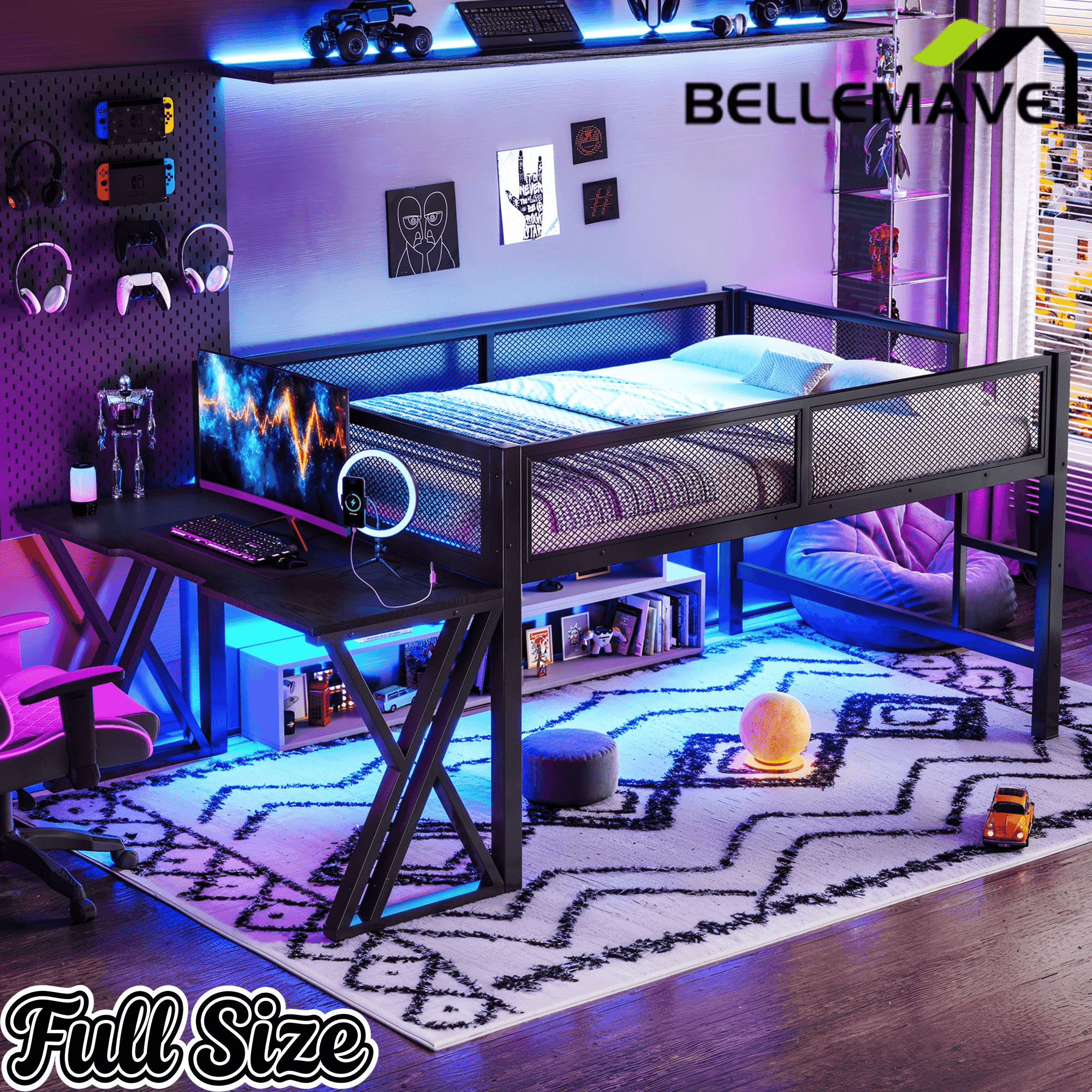 Bellemave® Gaming Loft Bed with Desk, USB Ports & LED Lights, Metal Loft Bed Frame with Mesh Guardrails, Space - Saving, Black - Bellemave