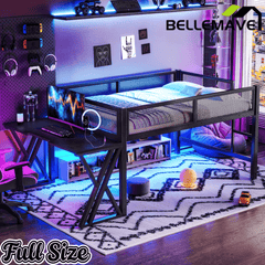 Bellemave® Gaming Loft Bed with Desk, USB Ports & LED Lights, Metal Loft Bed Frame with Mesh Guardrails, Space - Saving, Black - Bellemave