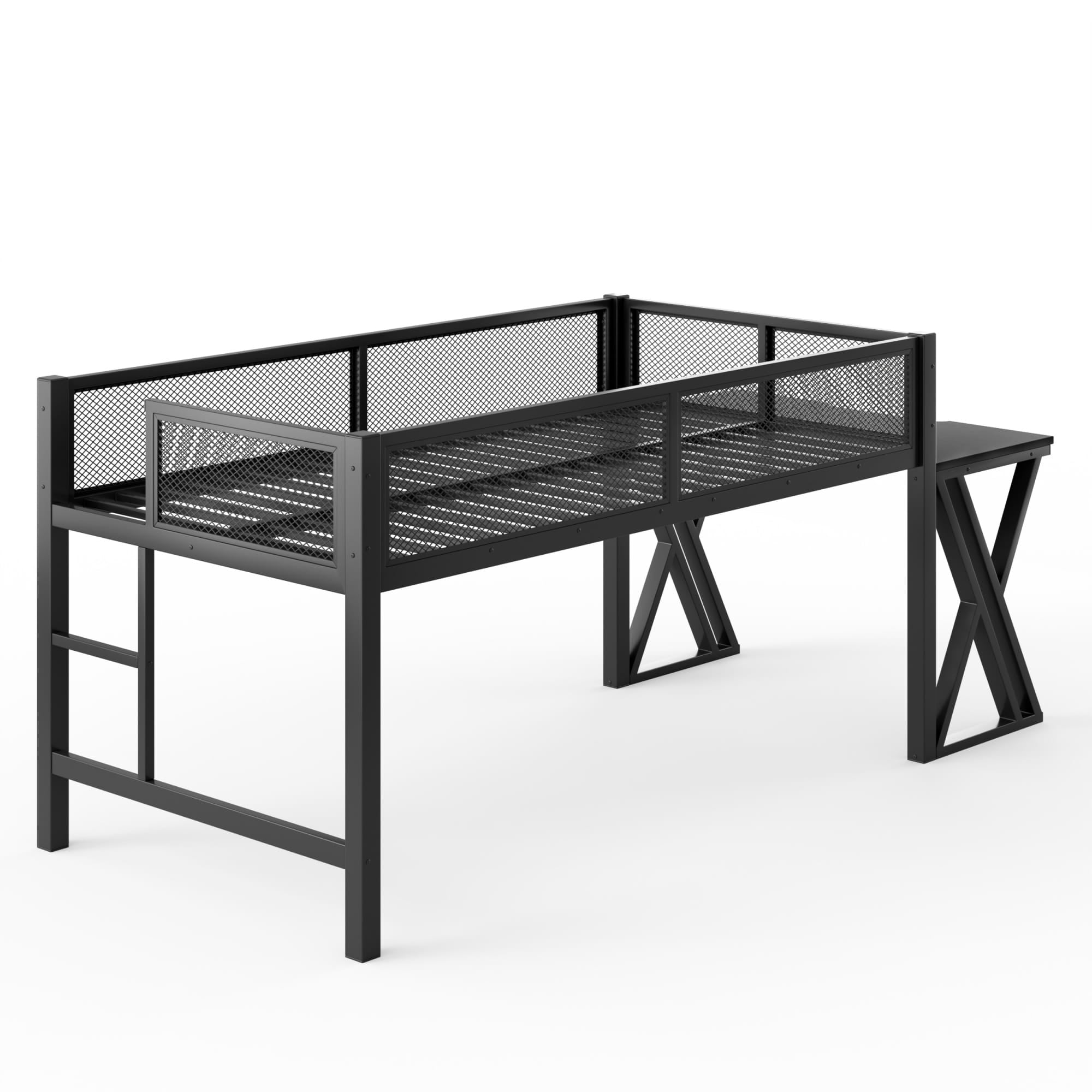 Bellemave® Gaming Loft Bed with Desk, USB Ports & LED Lights, Metal Loft Bed Frame with Mesh Guardrails, Space - Saving, Black - Bellemave