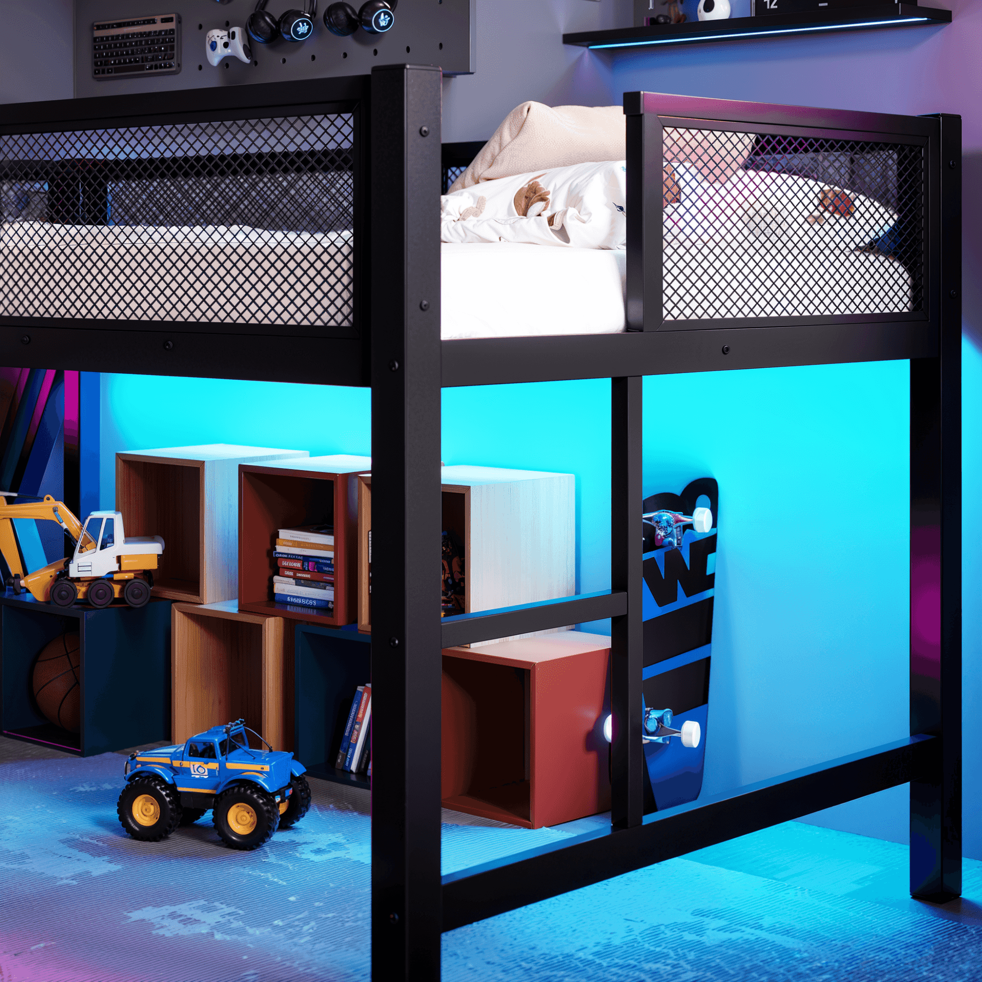 Bellemave® Gaming Loft Bed with Desk, USB Ports & LED Lights, Metal Loft Bed Frame with Mesh Guardrails, Space - Saving, Black - Bellemave