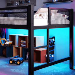 Bellemave® Gaming Loft Bed with Desk, USB Ports & LED Lights, Metal Loft Bed Frame with Mesh Guardrails, Space - Saving, Black - Bellemave