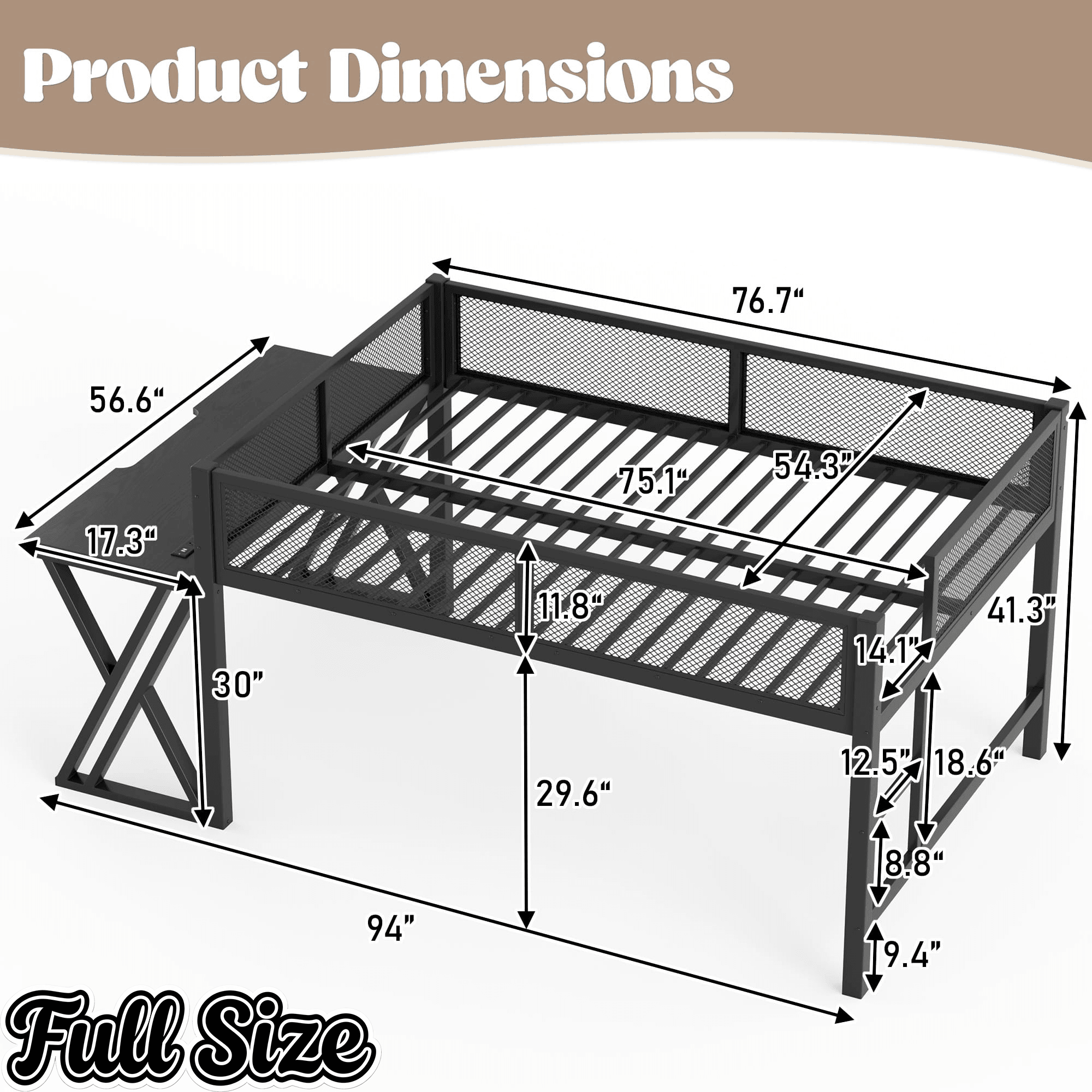 Bellemave® Gaming Loft Bed with Desk, USB Ports & LED Lights, Metal Loft Bed Frame with Mesh Guardrails, Space - Saving, Black - Bellemave