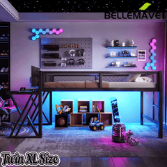 Bellemave® Gaming Loft Bed with Desk, USB Ports & LED Lights, Metal Loft Bed Frame with Mesh Guardrails, Space - Saving, Black - Bellemave