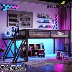 Bellemave® Gaming Loft Bed with Desk, USB Ports & LED Lights, Metal Loft Bed Frame with Mesh Guardrails, Space - Saving, Black - Bellemave