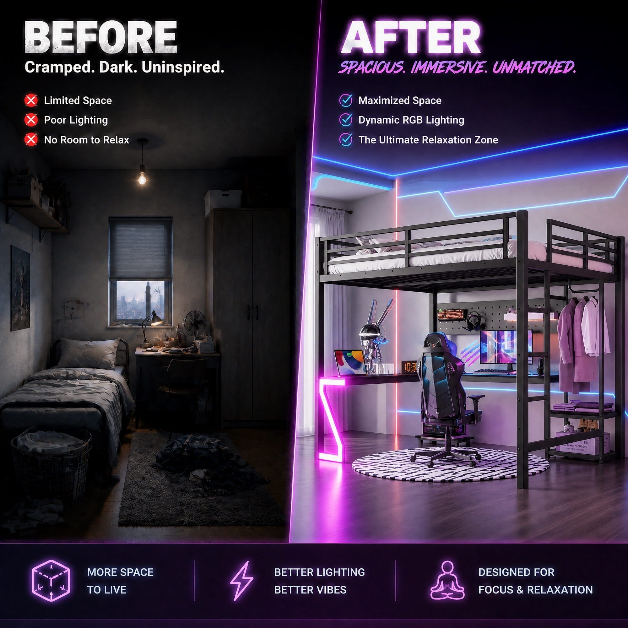 Bellemave® Gaming Loft Bed with L - Shaped Desk, Computer Tray, Peg Board & USB Ports, Metal Loft Bed Frame with RGB Lights & Storage Shelves for Teens, Black - Bellemave