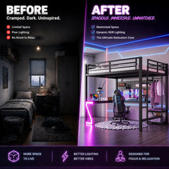 Bellemave® Gaming Loft Bed with L - Shaped Desk, Computer Tray, Peg Board & USB Ports, Metal Loft Bed Frame with RGB Lights & Storage Shelves for Teens, Black - Bellemave