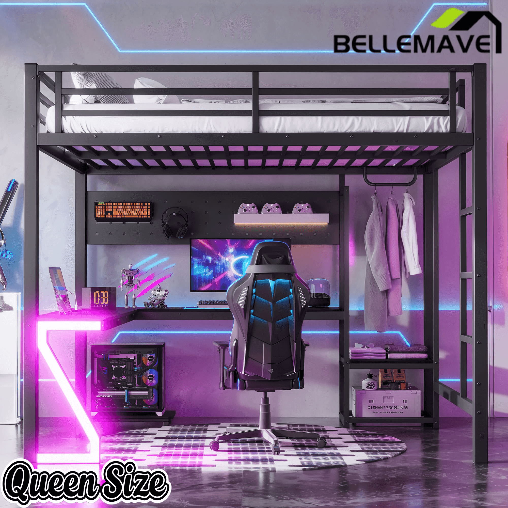Bellemave® Gaming Loft Bed with L - Shaped Desk, Computer Tray, Peg Board & USB Ports, Metal Loft Bed Frame with RGB Lights & Storage Shelves for Teens, Black - Bellemave
