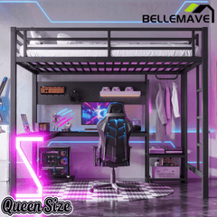 Bellemave® Gaming Loft Bed with L - Shaped Desk, Computer Tray, Peg Board & USB Ports, Metal Loft Bed Frame with RGB Lights & Storage Shelves for Teens, Black - Bellemave