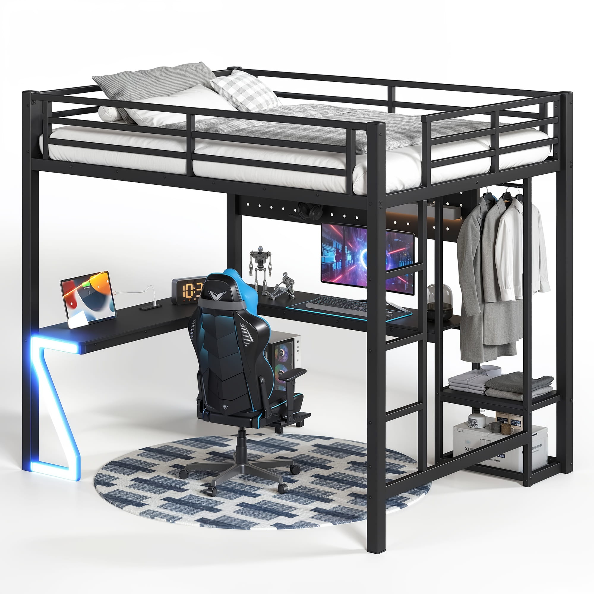 Bellemave® Gaming Loft Bed with L - Shaped Desk, Computer Tray, Peg Board & USB Ports, Metal Loft Bed Frame with RGB Lights & Storage Shelves for Teens, Black - Bellemave