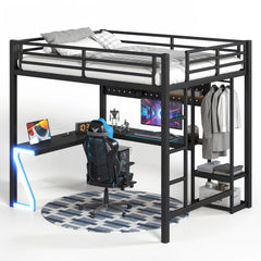Bellemave® Gaming Loft Bed with L - Shaped Desk, Computer Tray, Peg Board & USB Ports, Metal Loft Bed Frame with RGB Lights & Storage Shelves for Teens, Black - Bellemave