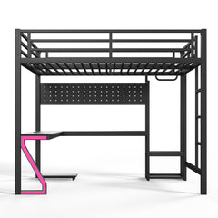 Bellemave® Gaming Loft Bed with L - Shaped Desk, Computer Tray, Peg Board & USB Ports, Metal Loft Bed Frame with RGB Lights & Storage Shelves for Teens, Black - Bellemave