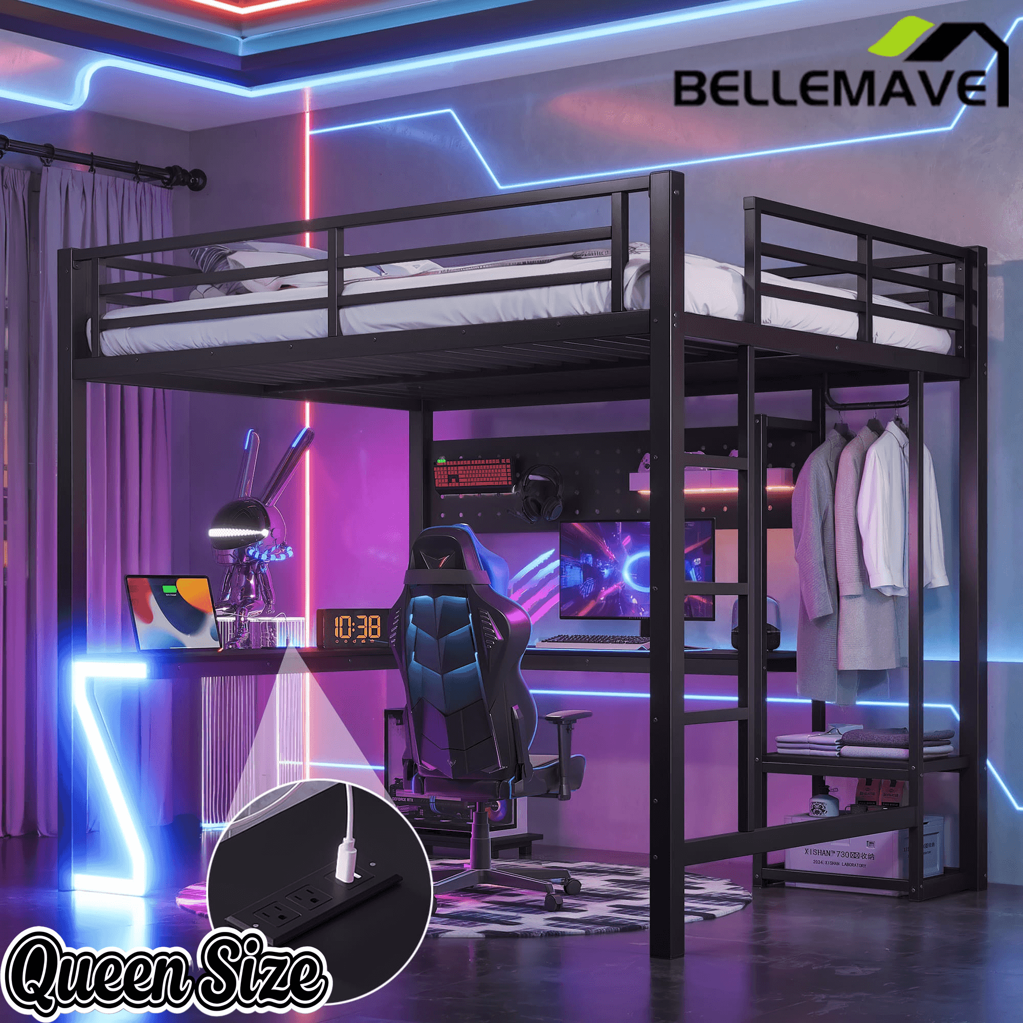 Bellemave® Gaming Loft Bed with L - Shaped Desk, Computer Tray, Peg Board & USB Ports, Metal Loft Bed Frame with RGB Lights & Storage Shelves for Teens, Black - Bellemave