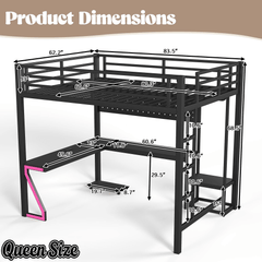 Bellemave® Gaming Loft Bed with L - Shaped Desk, Computer Tray, Peg Board & USB Ports, Metal Loft Bed Frame with RGB Lights & Storage Shelves for Teens, Black - Bellemave