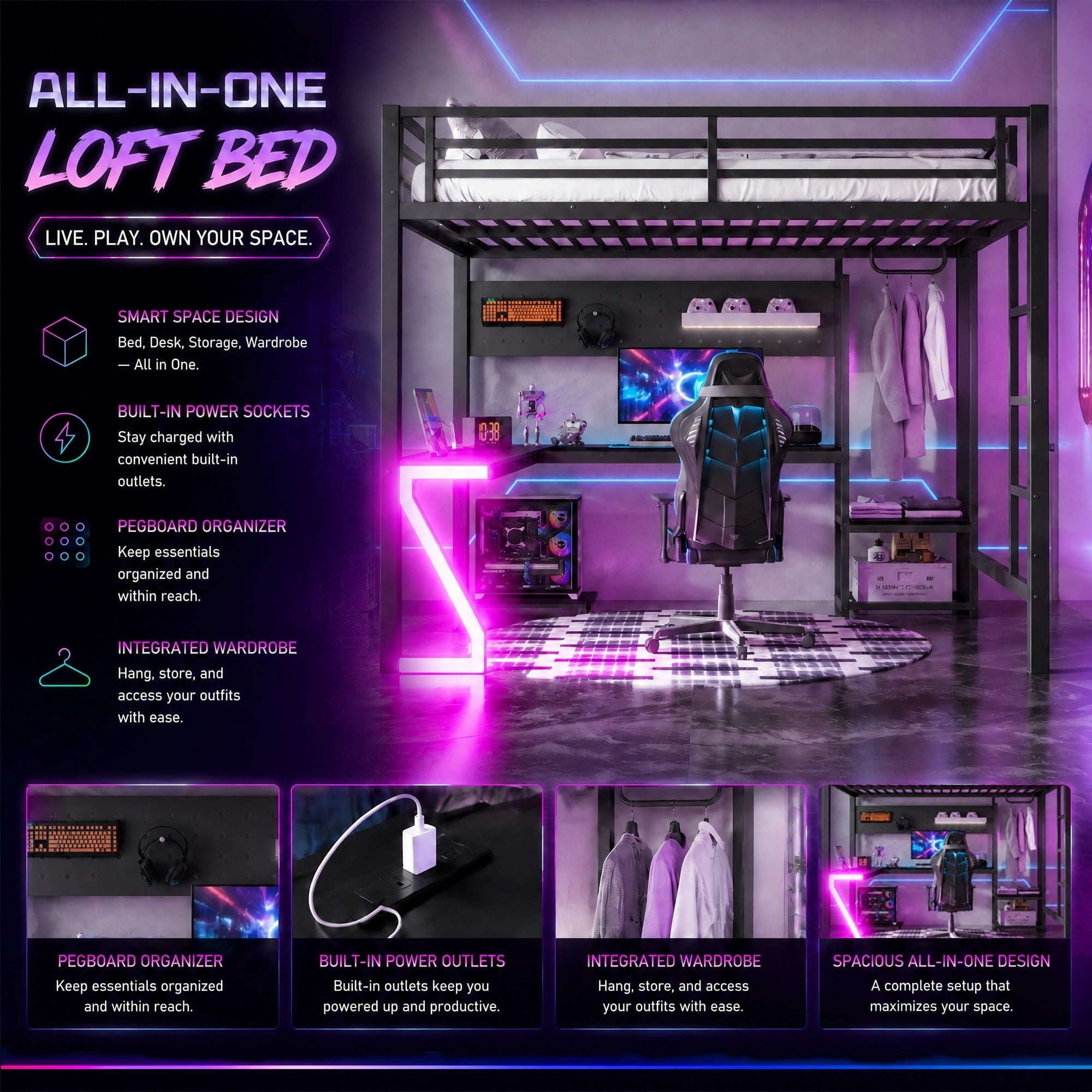 Bellemave® Gaming Loft Bed with L - Shaped Desk, Computer Tray, Peg Board & USB Ports, Metal Loft Bed Frame with RGB Lights & Storage Shelves for Teens, Black - Bellemave