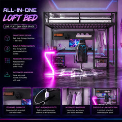 Bellemave® Gaming Loft Bed with L - Shaped Desk, Computer Tray, Peg Board & USB Ports, Metal Loft Bed Frame with RGB Lights & Storage Shelves for Teens, Black - Bellemave