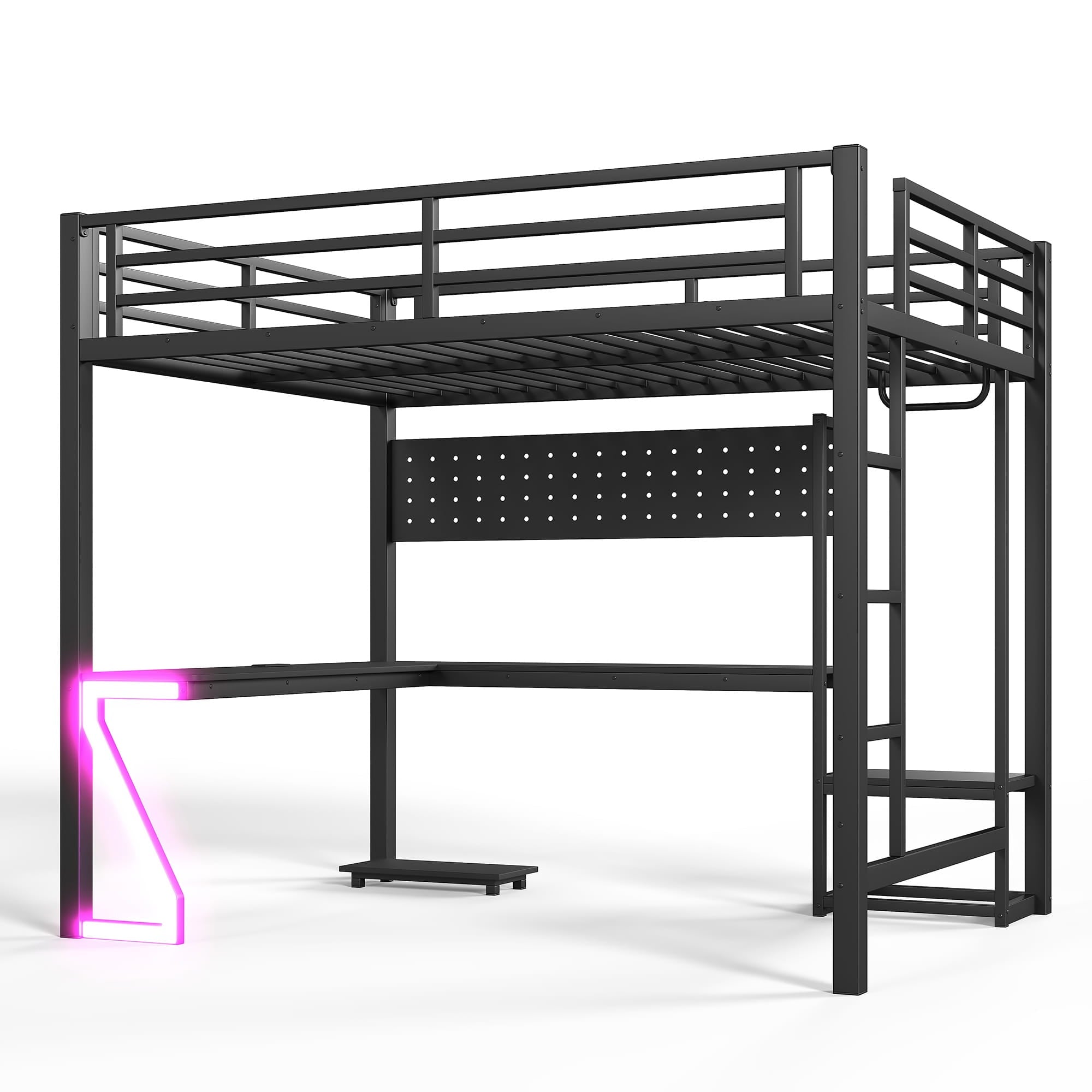 Bellemave® Gaming Loft Bed with L - Shaped Desk, Computer Tray, Peg Board & USB Ports, Metal Loft Bed Frame with RGB Lights & Storage Shelves for Teens, Black - Bellemave