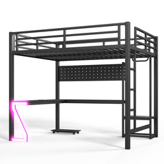 Bellemave® Gaming Loft Bed with L - Shaped Desk, Computer Tray, Peg Board & USB Ports, Metal Loft Bed Frame with RGB Lights & Storage Shelves for Teens, Black - Bellemave