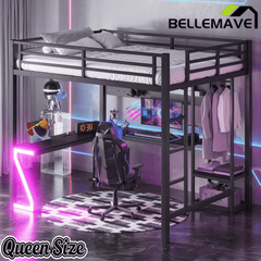Bellemave® Gaming Loft Bed with L - Shaped Desk, Computer Tray, Peg Board & USB Ports, Metal Loft Bed Frame with RGB Lights & Storage Shelves for Teens, Black - Bellemave