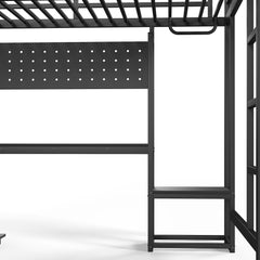 Bellemave® Gaming Loft Bed with L - Shaped Desk, Computer Tray, Peg Board & USB Ports, Metal Loft Bed Frame with RGB Lights & Storage Shelves for Teens, Black - Bellemave