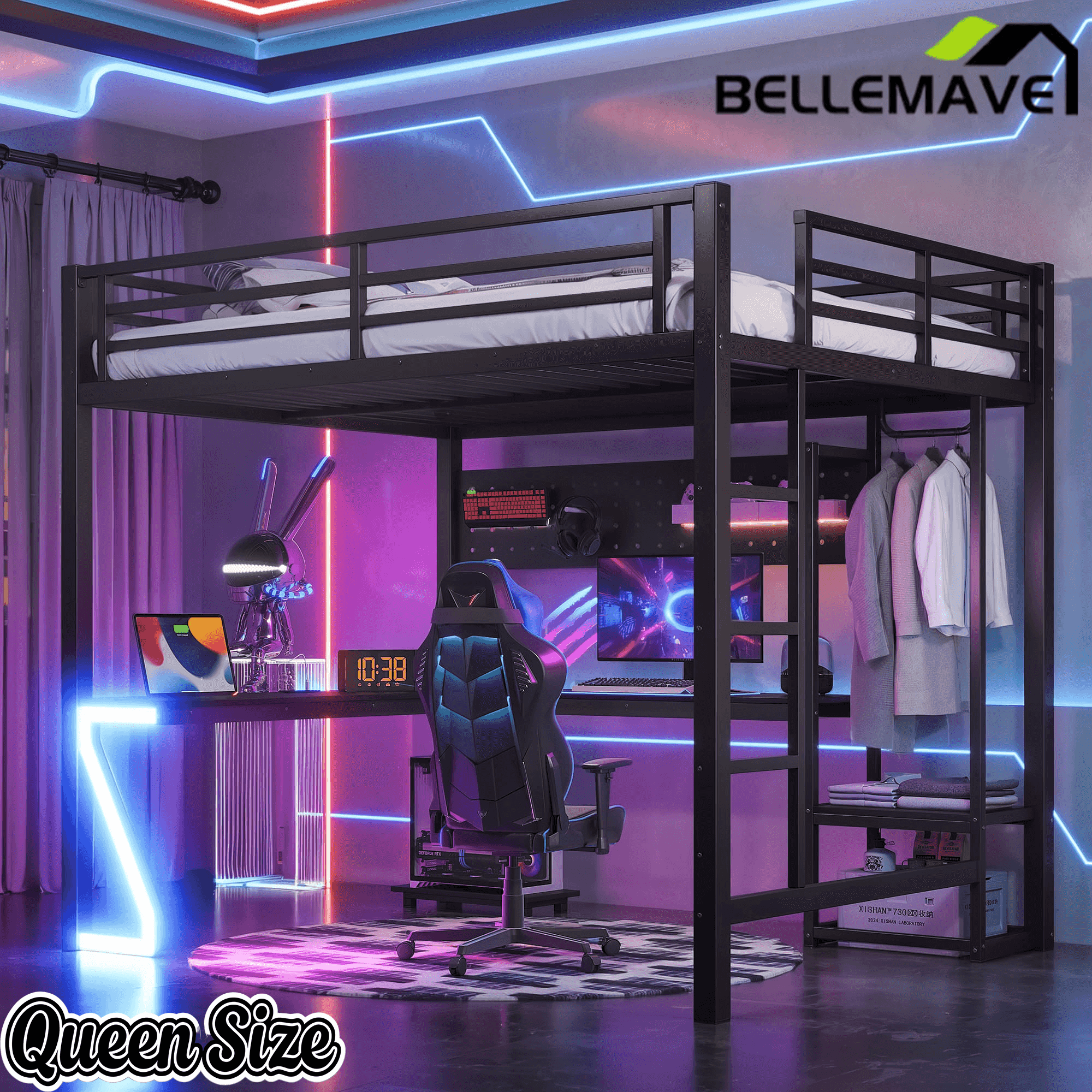 Bellemave® Gaming Loft Bed with L - Shaped Desk, Computer Tray, Peg Board & USB Ports, Metal Loft Bed Frame with RGB Lights & Storage Shelves for Teens, Black - Bellemave