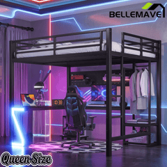 Bellemave® Gaming Loft Bed with L - Shaped Desk, Computer Tray, Peg Board & USB Ports, Metal Loft Bed Frame with RGB Lights & Storage Shelves for Teens, Black - Bellemave