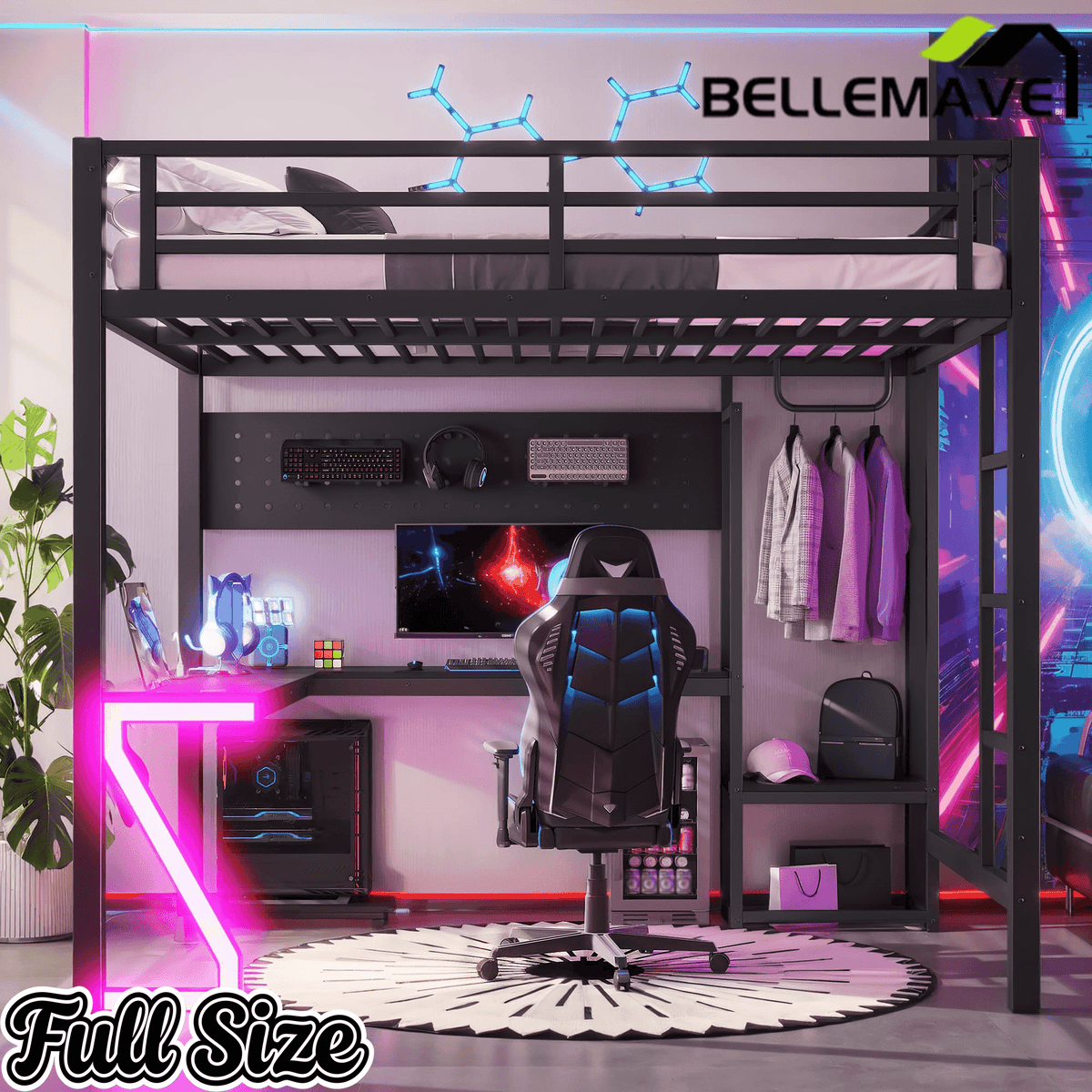 Bellemave® Gaming Loft Bed with L - Shaped Desk, Computer Tray, Peg Board & USB Ports, Metal Loft Bed Frame with RGB Lights & Storage Shelves for Teens, Black - Bellemave