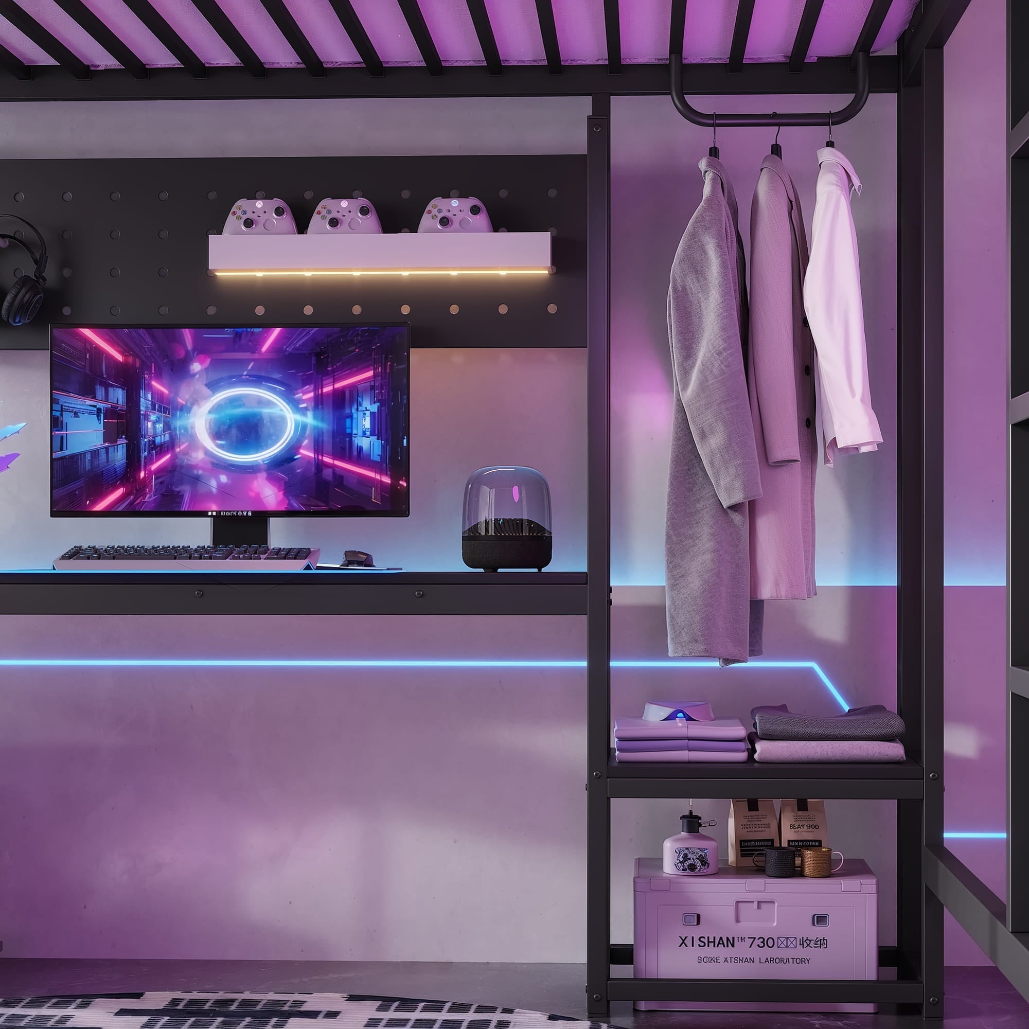 Bellemave® Gaming Loft Bed with L - Shaped Desk, Computer Tray, Peg Board & USB Ports, Metal Loft Bed Frame with RGB Lights & Storage Shelves for Teens, Black - Bellemave