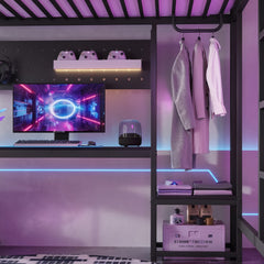 Bellemave® Gaming Loft Bed with L - Shaped Desk, Computer Tray, Peg Board & USB Ports, Metal Loft Bed Frame with RGB Lights & Storage Shelves for Teens, Black - Bellemave