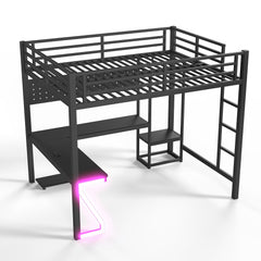 Bellemave® Gaming Loft Bed with L - Shaped Desk, Computer Tray, Peg Board & USB Ports, Metal Loft Bed Frame with RGB Lights & Storage Shelves for Teens, Black - Bellemave
