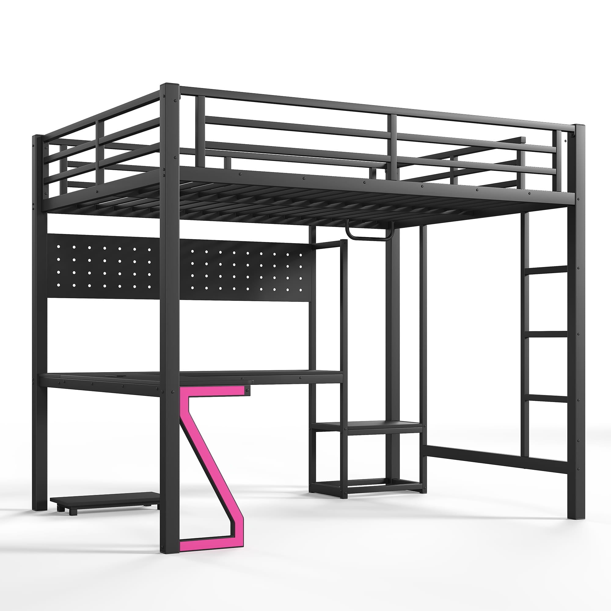 Bellemave® Gaming Loft Bed with L - Shaped Desk, Computer Tray, Peg Board & USB Ports, Metal Loft Bed Frame with RGB Lights & Storage Shelves for Teens, Black - Bellemave