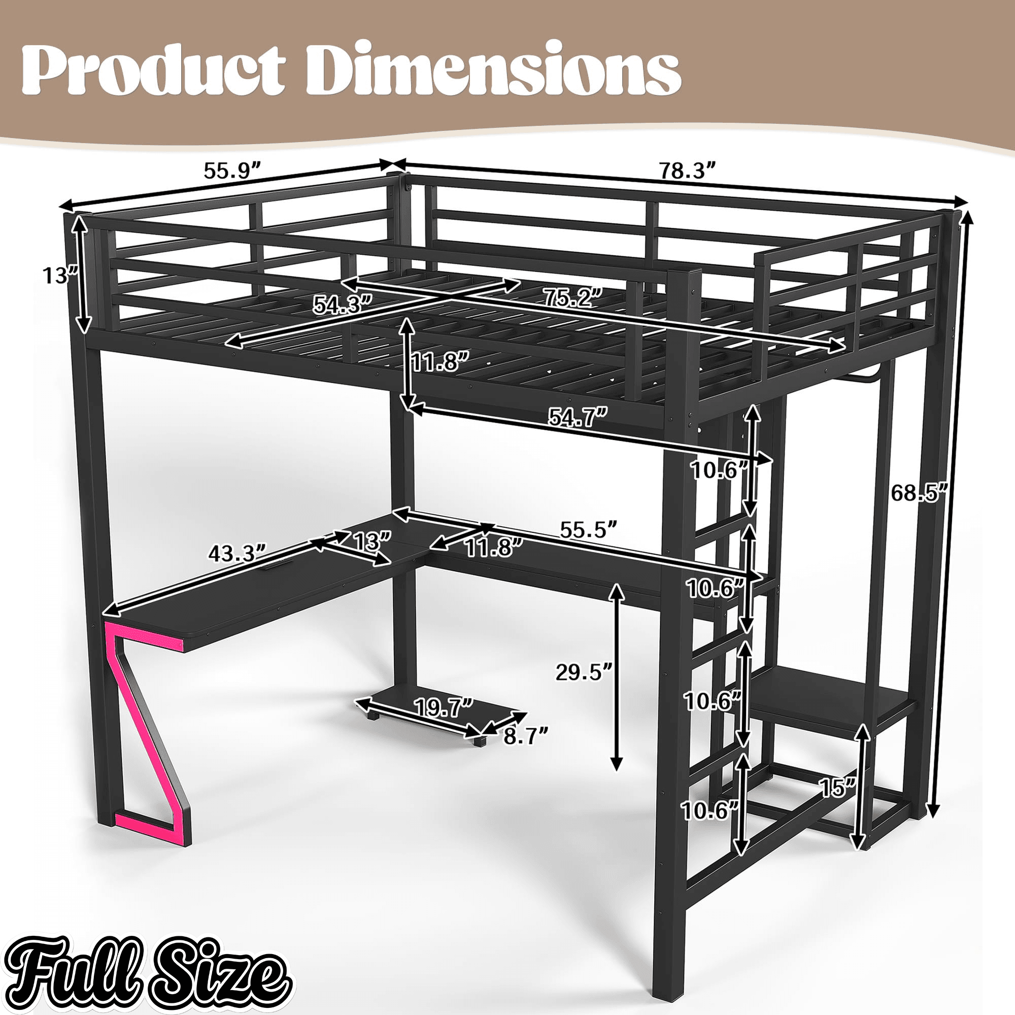 Bellemave® Gaming Loft Bed with L - Shaped Desk, Computer Tray, Peg Board & USB Ports, Metal Loft Bed Frame with RGB Lights & Storage Shelves for Teens, Black - Bellemave