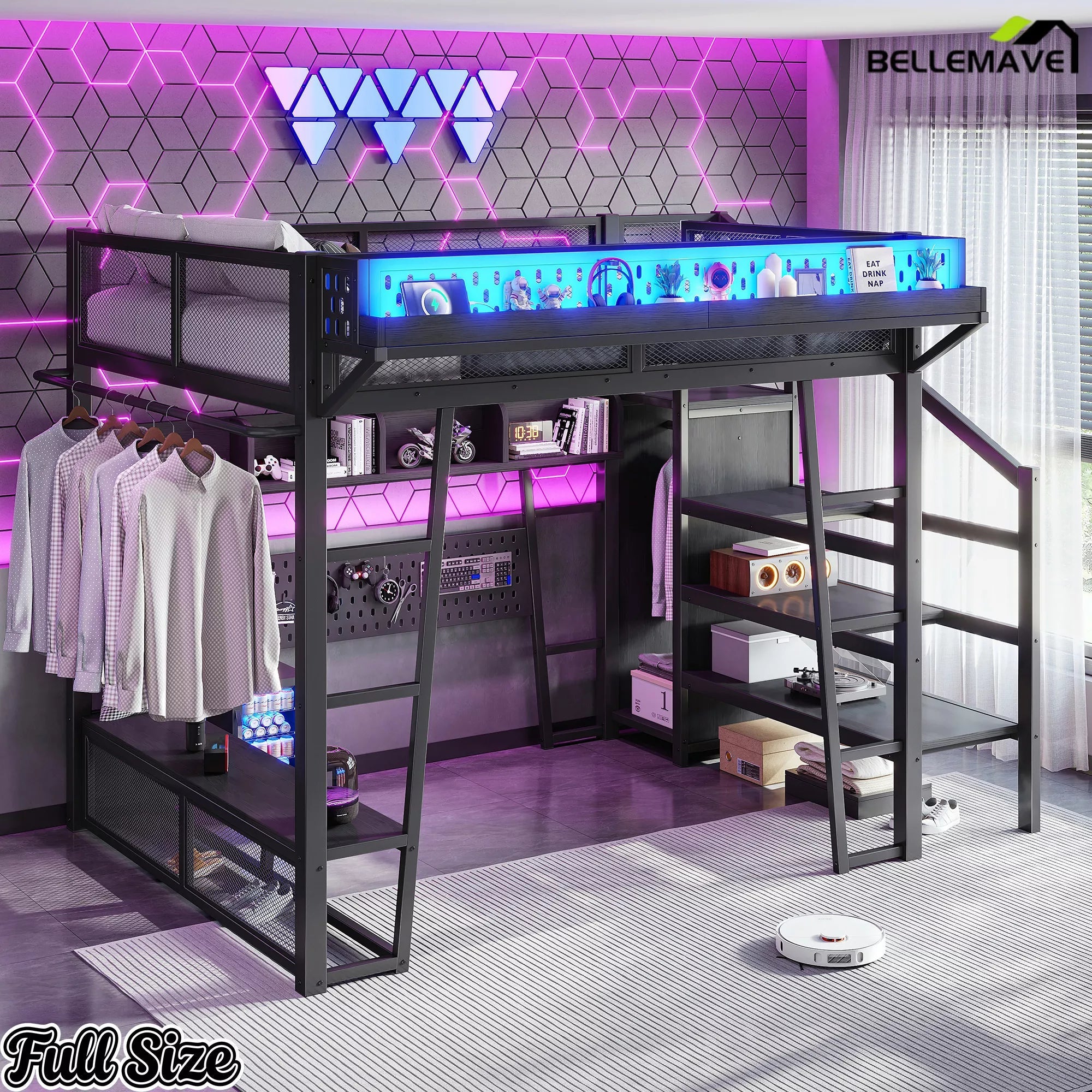 Full size loft bed with LED lights and storage shelves