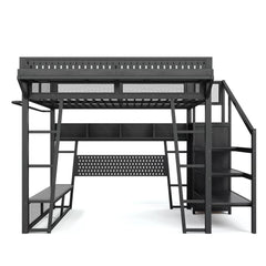 Gaming loft bed with wardrobe storage stairs pegboard and bench