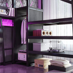 Gaming loft bed with wardrobe and storage shelves interior view