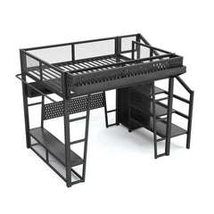 Gaming loft bed frame with built in storage shelves