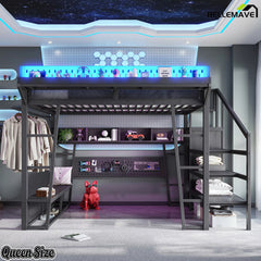 Queen size metal loft bed with storage stairs and pegboard