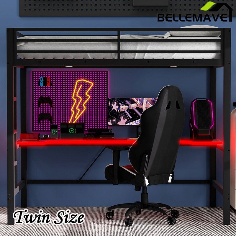 Bellemave® Gaming Metal Loft Bed with LED Light and Desk - Bellemave