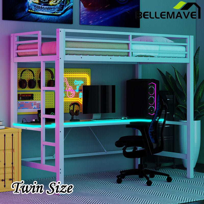 Bellemave® Gaming Metal Loft Bed with LED Light and Desk - Bellemave