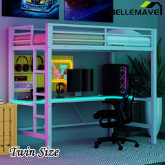 Bellemave® Gaming Metal Loft Bed with LED Light and Desk - Bellemave