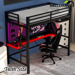 Bellemave® Gaming Metal Loft Bed with LED Light and Desk - Bellemave