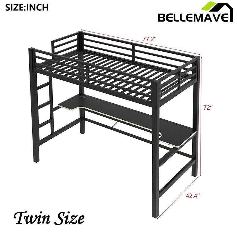 Bellemave® Gaming Metal Loft Bed with LED Light and Desk - Bellemave